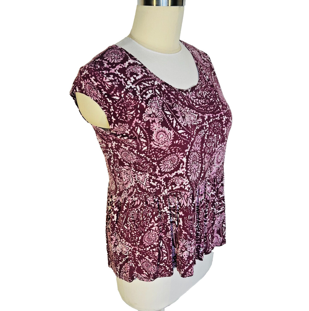 Faded Glory Top Womens XL Short Sleeve Blouse Burgundy Cottage Print Peplum Hem - Picture 4 of 13